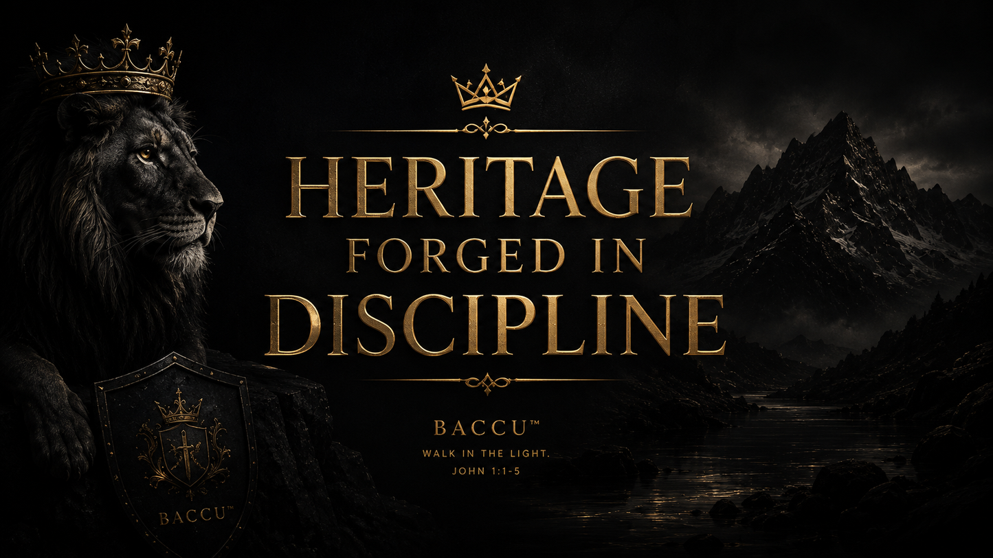 Lion with crown and shield against a dark background with mountainous landscape, featuring the text 'Heritage Forged in Discipline' and 'BACCU'.