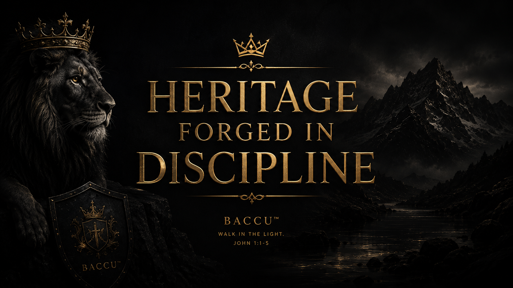 Lion with crown and shield against a dark background with mountainous landscape, featuring the text 'Heritage Forged in Discipline' and 'BACCU'.