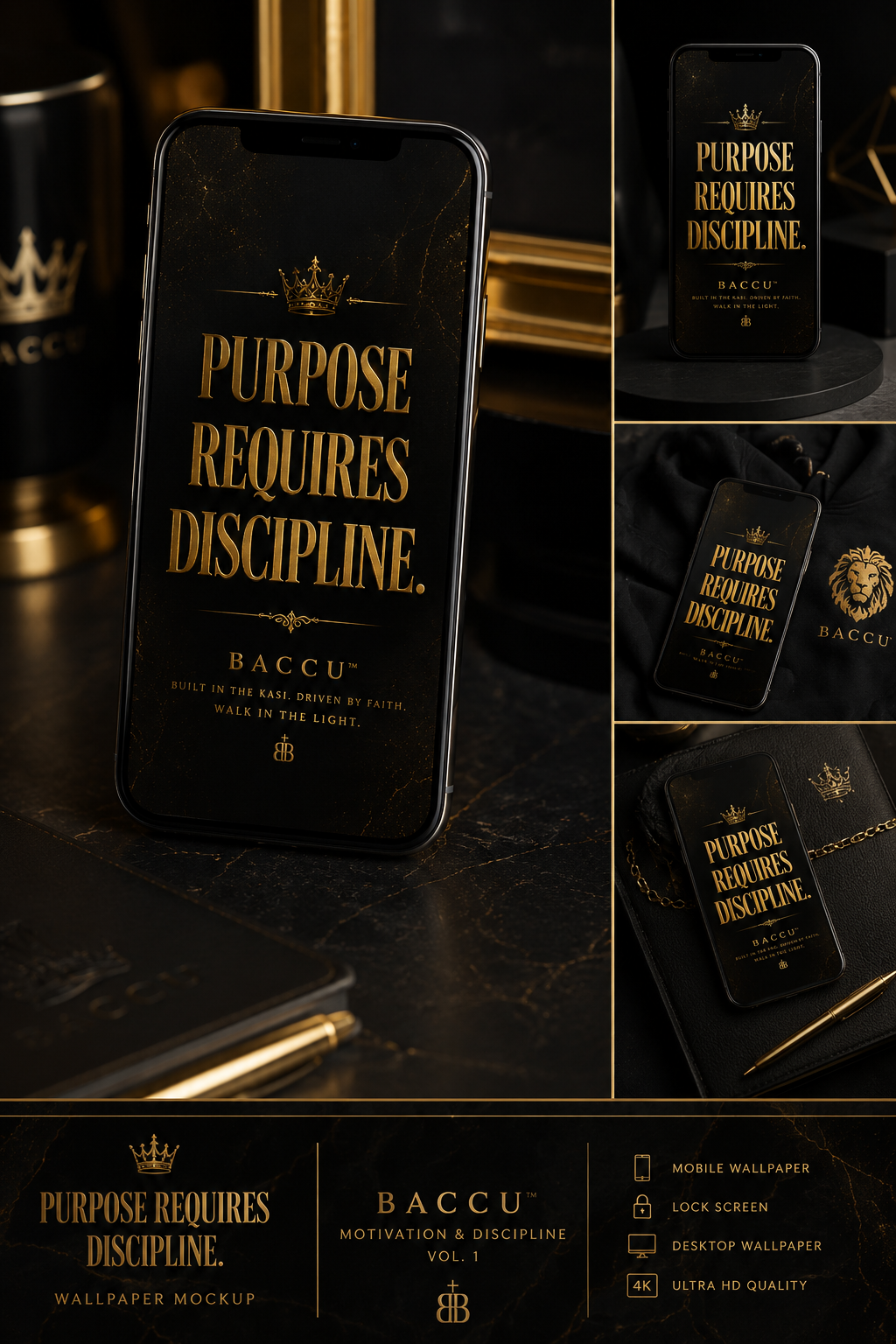 Phone case with 'Purpose Requires Discipline' text and BACCU branding on a dark surface.